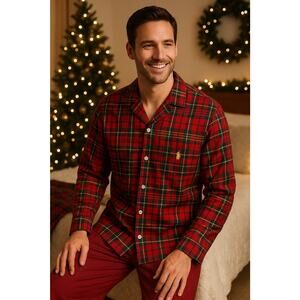 Polo Ralph Lauren Sleepwear Shirt Mens L Red Tartan Plaid Cotton Pajama Top